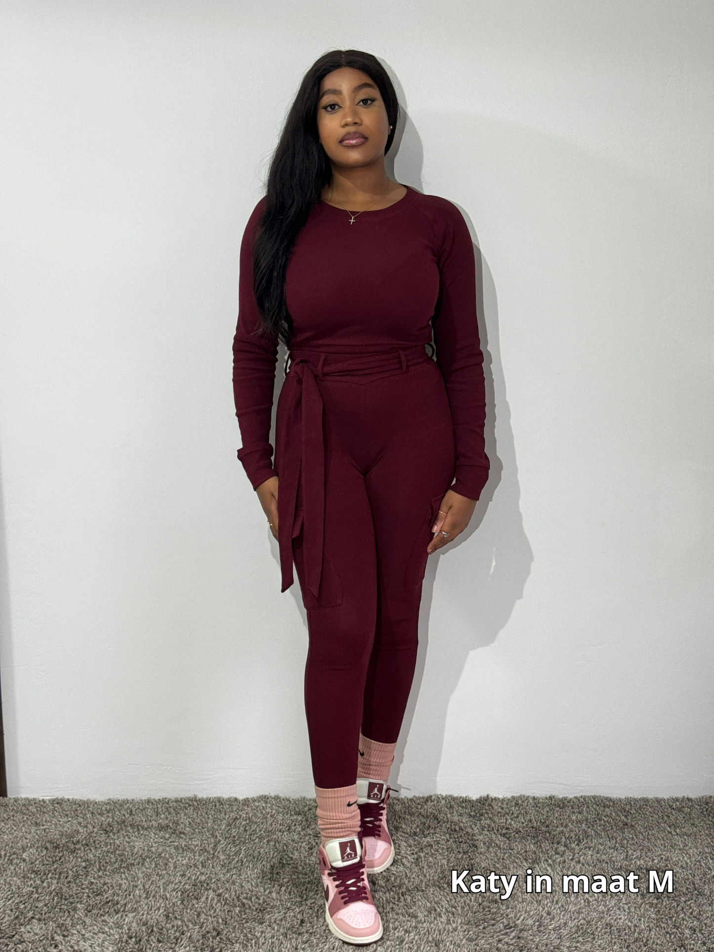Bordeaux Rood Cargo Legging Set Met Riem