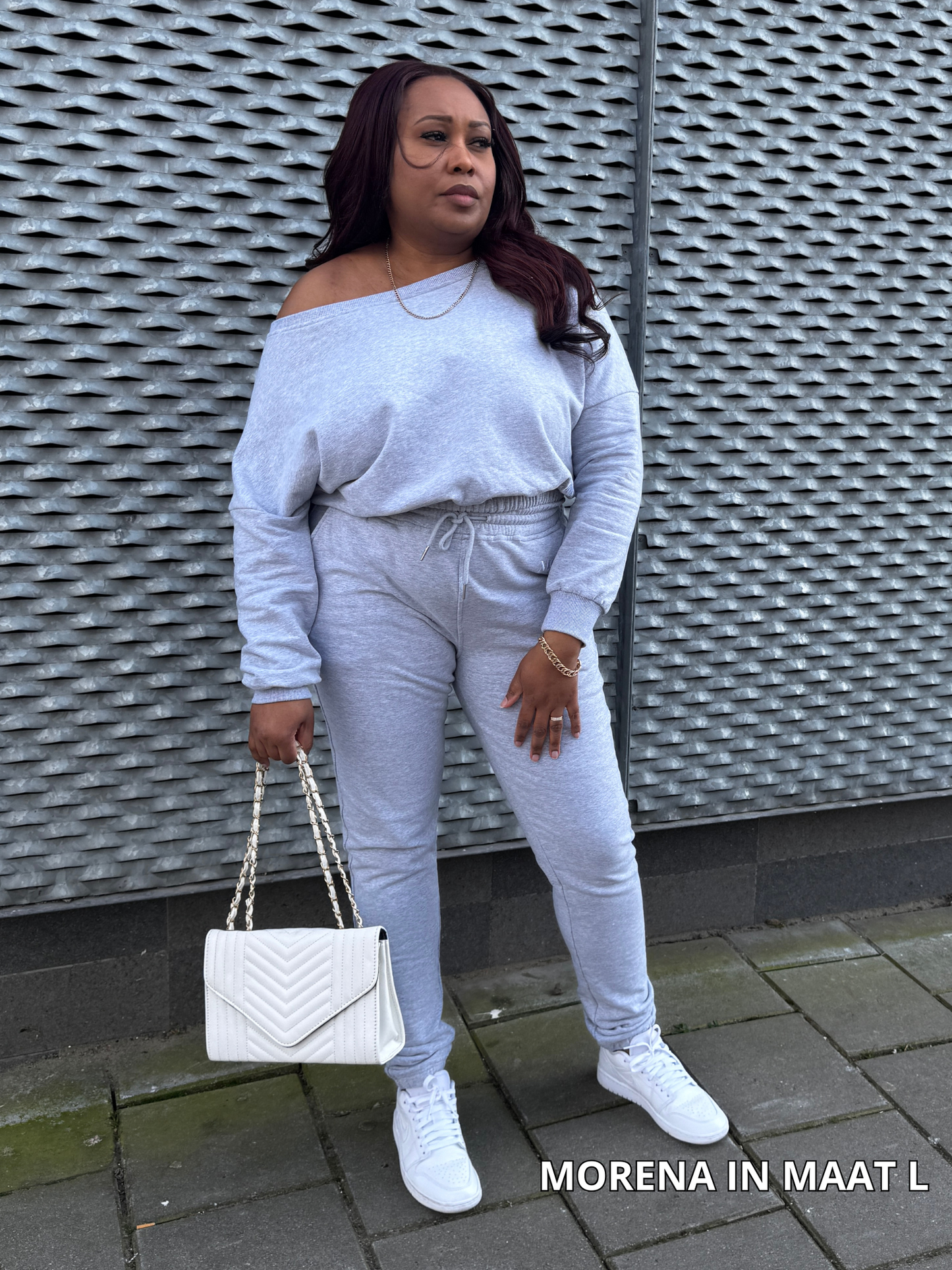 Off-Soulder joggingpak grijs