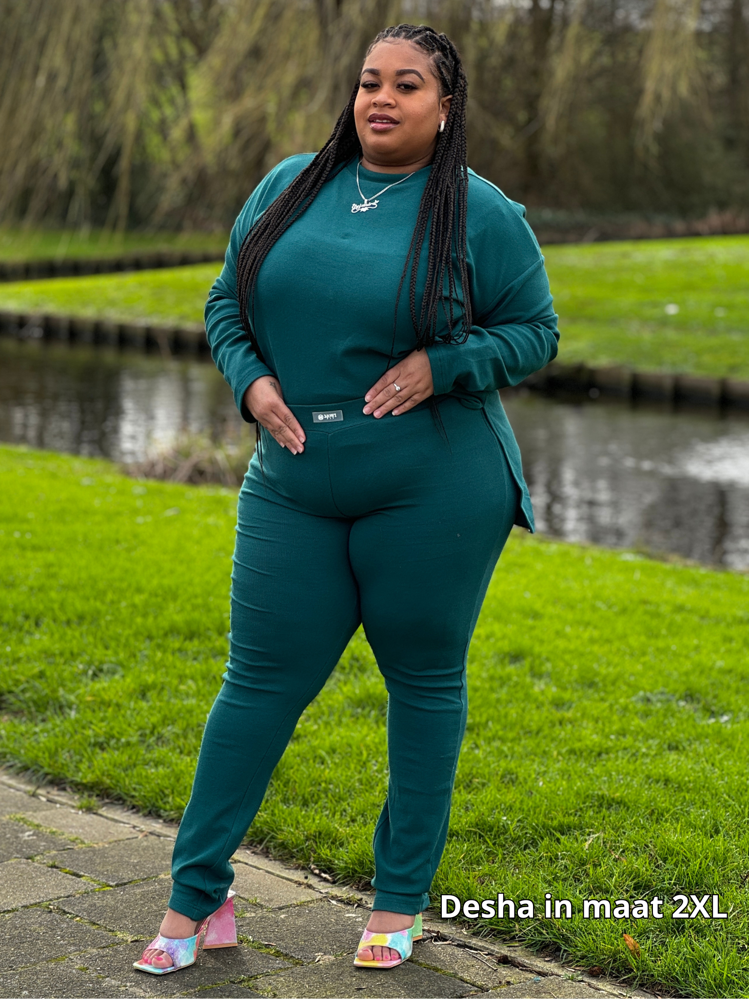 Blauw Groen legging set met lange mouwen, ook in plussize verkrijgbaar