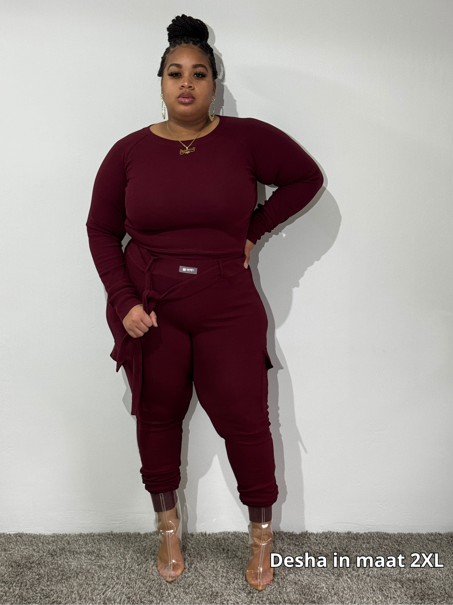 Bordeaux Rood Cargo Legging Set Plussize
