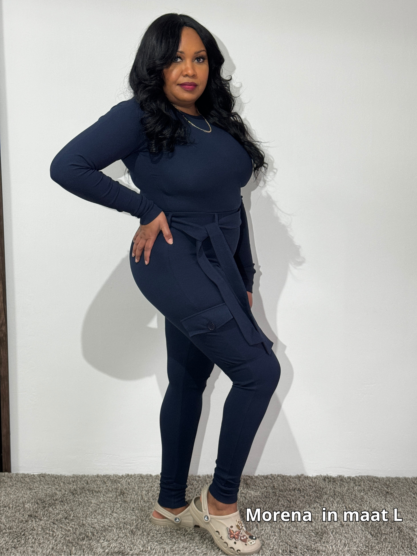 Marine Blauw Cargo Legging Set Plussize