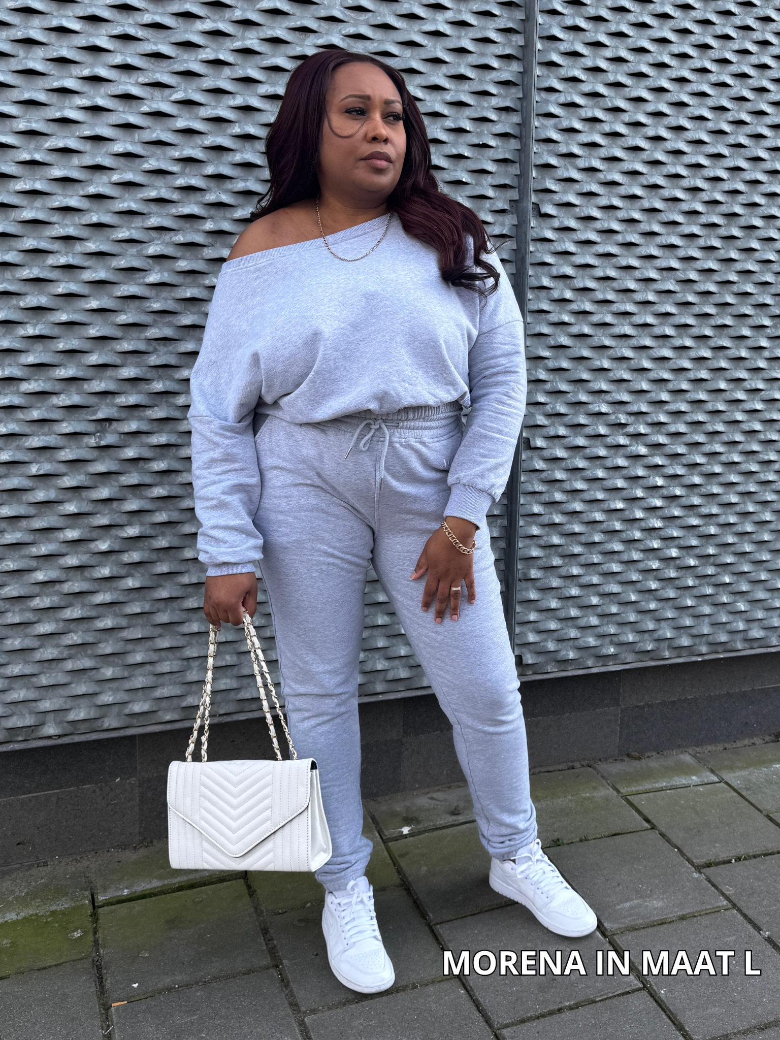 Off-Soulder joggingpak grijs