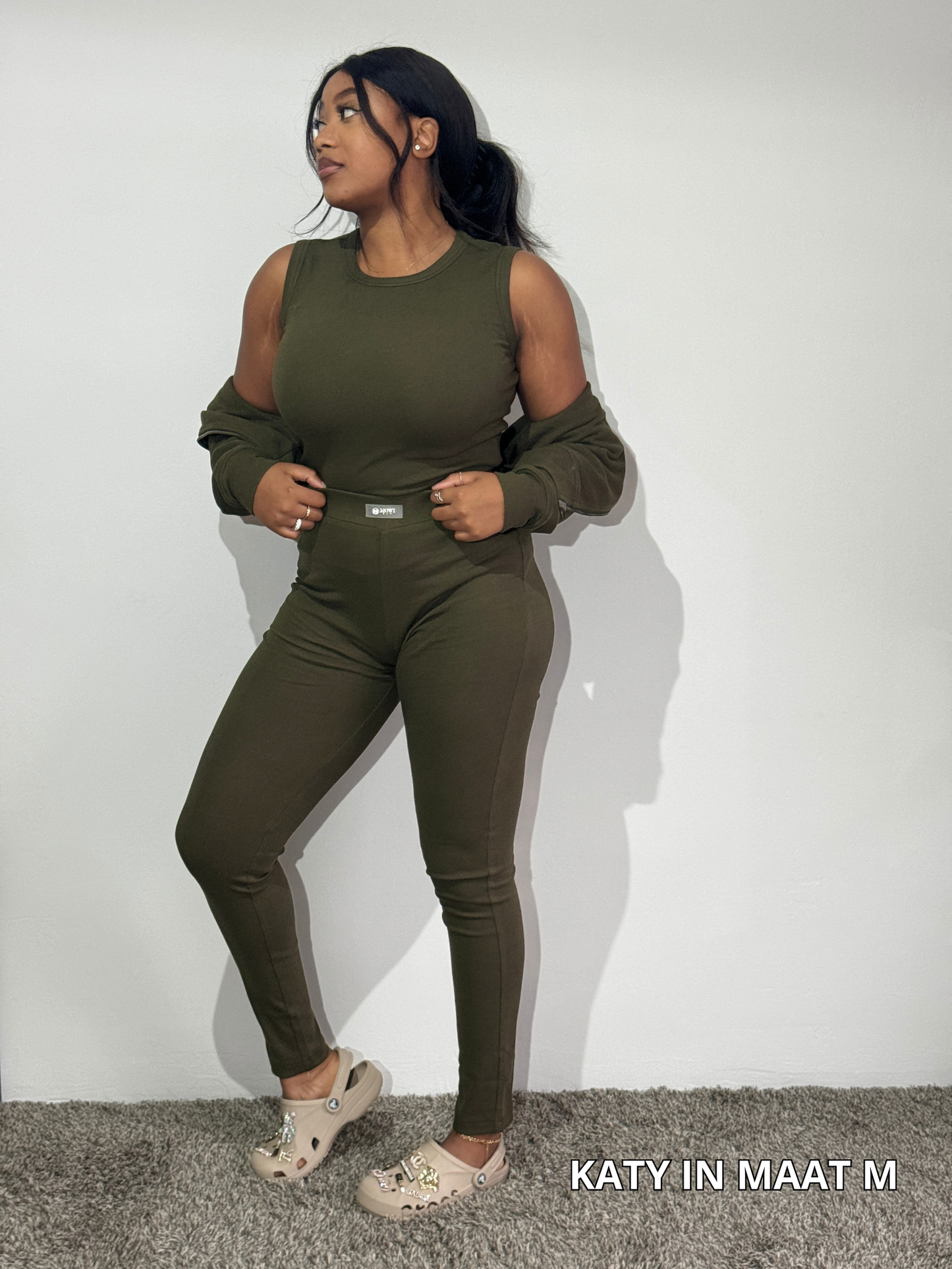 Olijf Groen Hoodie Legging Set met veel stretch